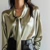 Spring New Style Fashionable and Elegant Solid Color Lace-up Satin High-end Long-sleeved Shirt for Women