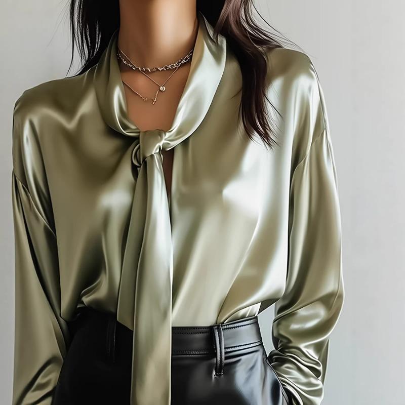 Spring New Style Fashionable and Elegant Solid Color Lace-up Satin High-end Long-sleeved Shirt for Women