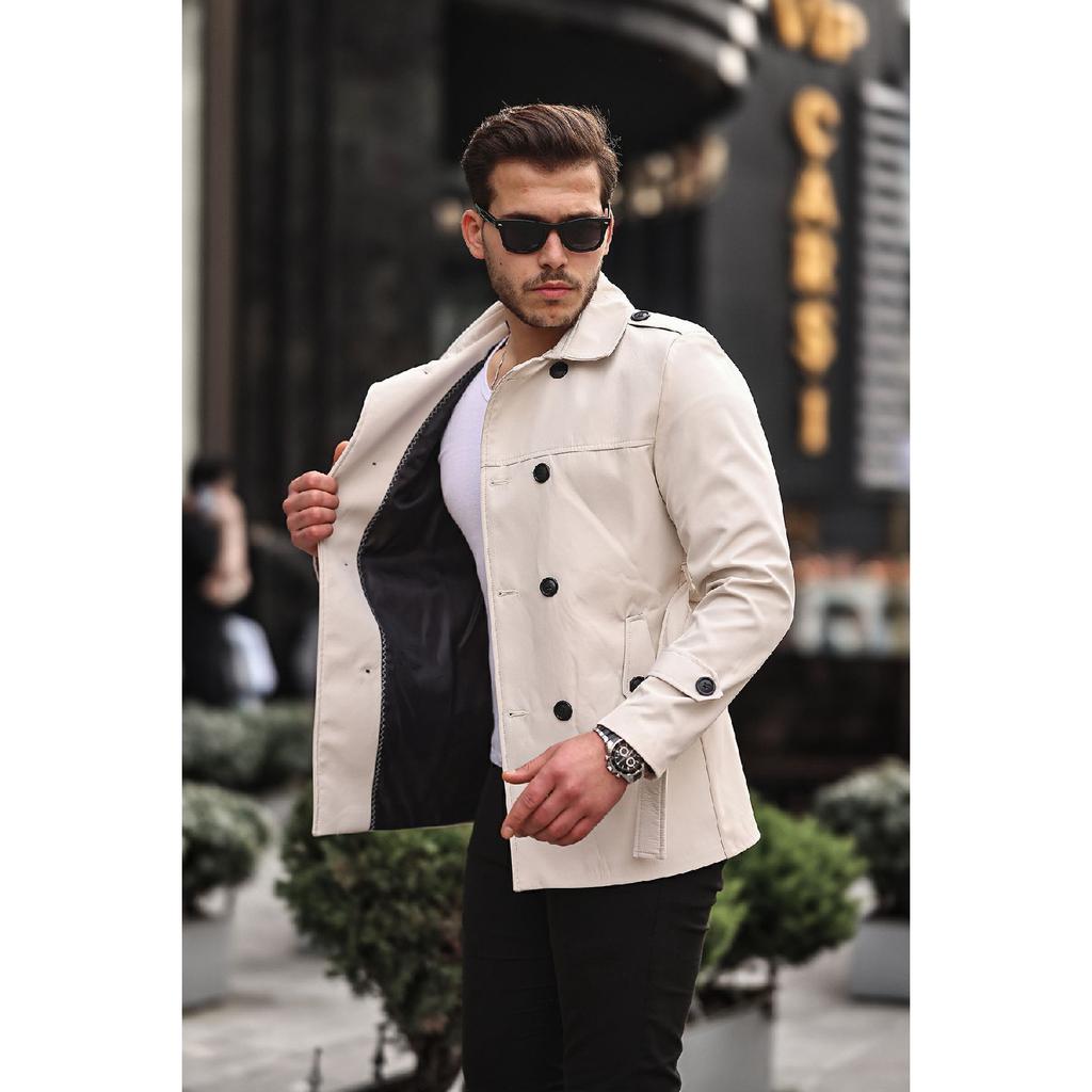 Men's Black Seasonal Lined Belted Double Breasted Trench Coat