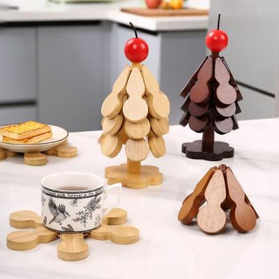 Christmas Wood Tree Trivets Natural Tree Hot Pads Set Foldable Kitchen Wooden Trivet for Hotdishes Pot Bowl Teapot Holder