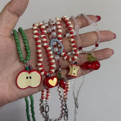 Cute Harajuku Resin Red Fruit Pendant Bead Choker Necklace Goth Vintage Aesthetic Vacation Scene Accessories