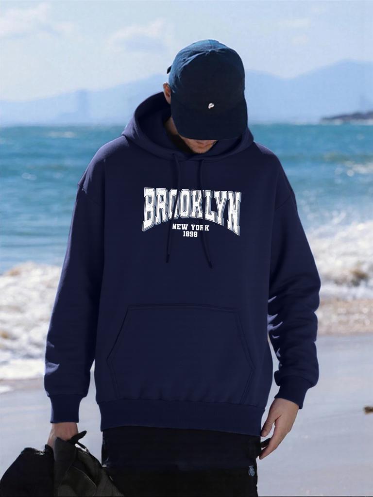 Brooklyn New York Art Letter Pattern Hoody Men Fashion Oversized Hoodie All-Match Fleece Pullover Autumn Pocket Man Streetwears