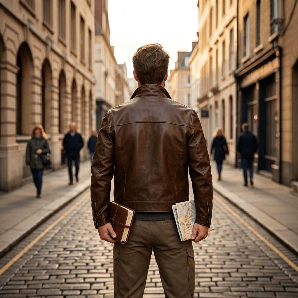 Men's retro map inner stand-up collar jacket zipper casual commuter jacket