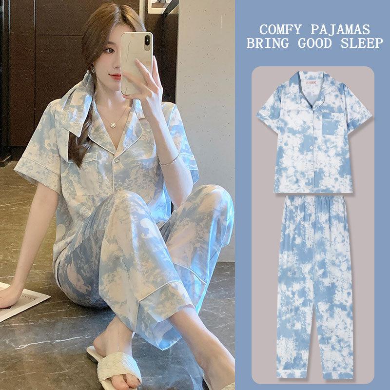 Japanese Kitty Cat Pajamas Women's Summer Thin Short-sleeved Trousers Loose Plus Size Girl Raw Loungewear Set