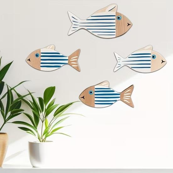 4 Pcs Rustic Wood Fish Wall Art Beach Nautical Wall Hanging Decor