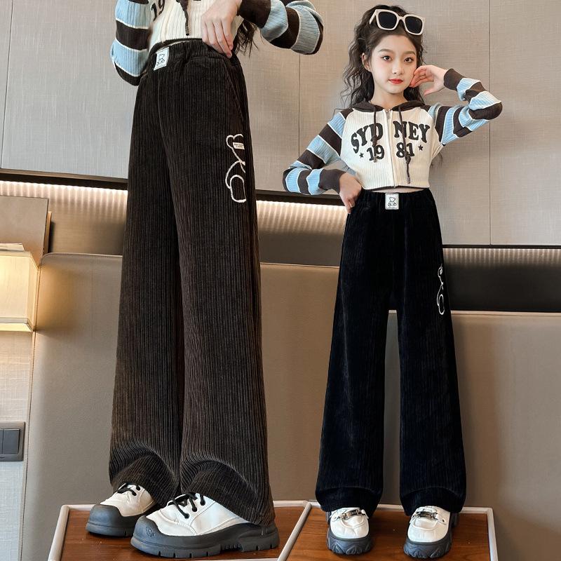 Girls' Fleece-Lined Cartoon Bear Wide-Leg Pants for Autumn/Winter