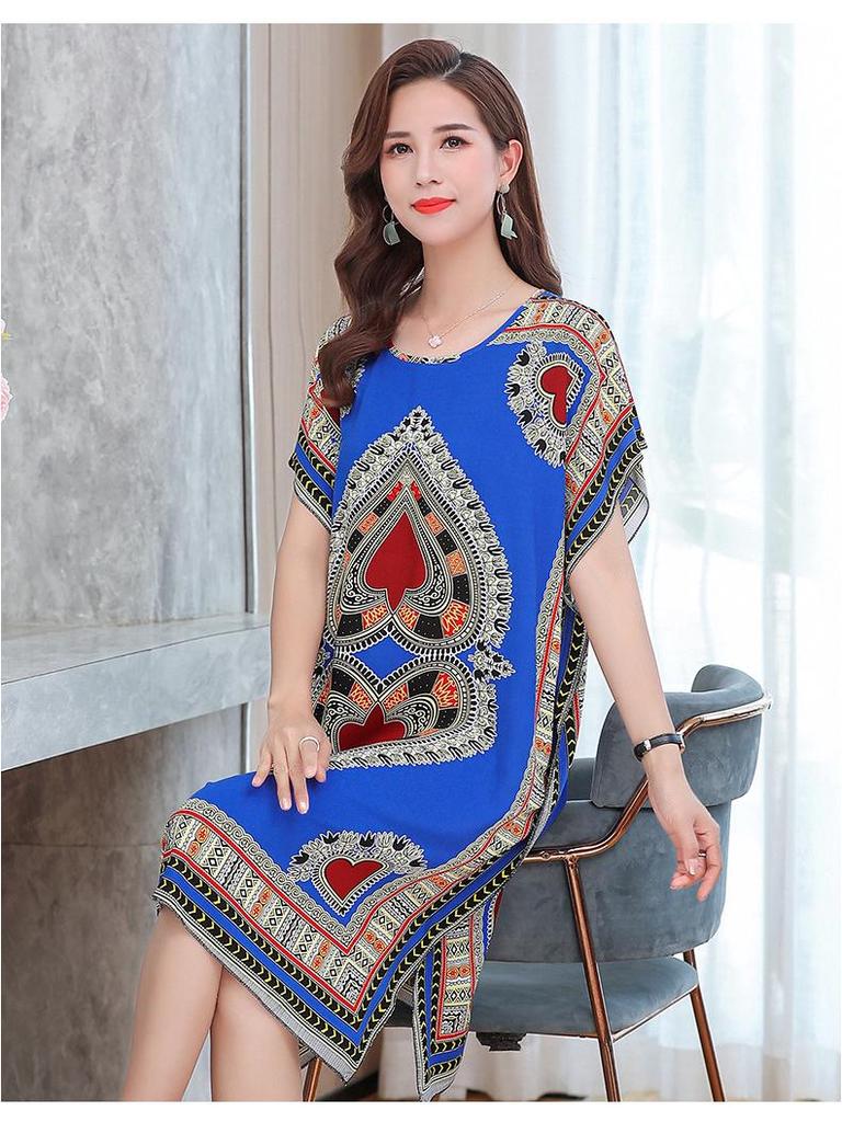Summer Cotton Silk Loose Fit Mid-Length Bat Sleeve Dress for Women - Plus Size, Belly Covering, Slimming Beach Dress for Moms