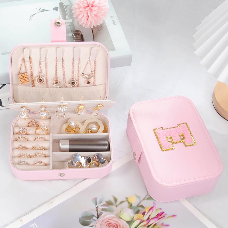 PVC Letter Leather Portable Jewelry Box Double Earrings Earrings Ring Jewelry Storage Box