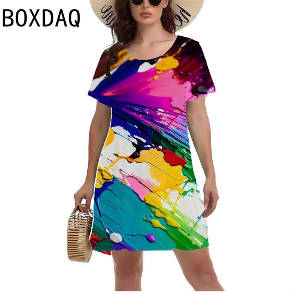 Women's Color Gradient Ink Printing Dress Short-sleeved Casual A-line Dress Summer Fashion Loose Mini