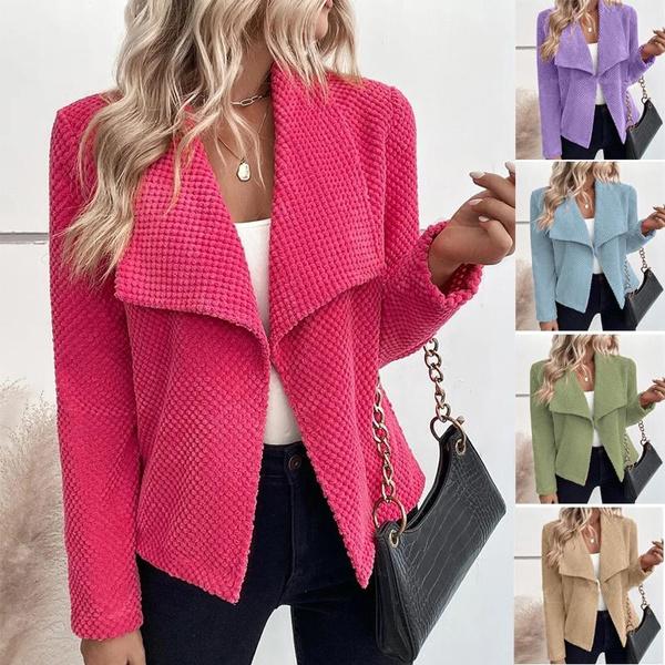 

Осенне-зимний женский модный однотонный пиджак с лацканами и длинными рукавами, офисные женские короткие пиджаки, повседневный свободный розовый кардиган