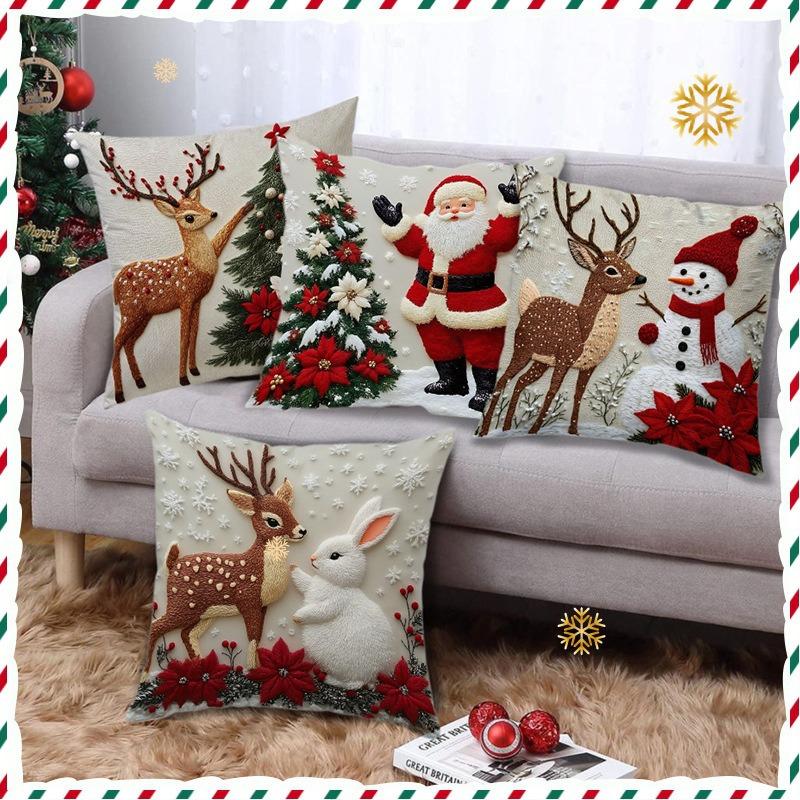 Christmas Embroidered Pillow Covers Set of 4 Santa Deer Snowman Cushion Cases Winter Holiday Sofa Decor (No Insert)