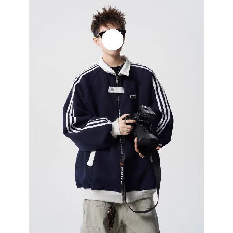 

Autumn and winter American college style jacket men s contrasting color splicing trend versatile teen student striped jacket baseball uniform 3XL тёмно-синий