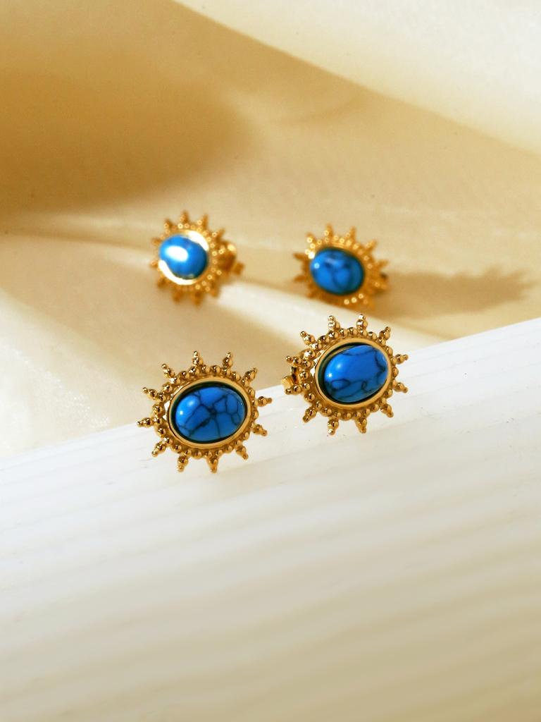 1 Pair Vintage French Natural Stone Blue Zircon Stainless Steel 18k Gold Plated Women's Stud Earrings for Women's Daily Wear