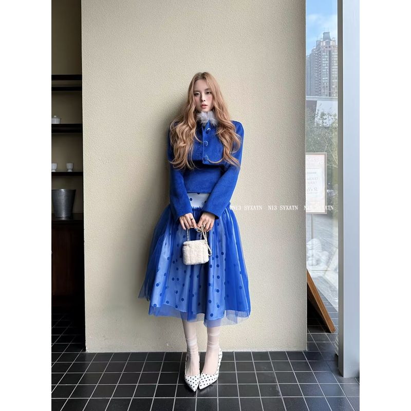 

N13 Syxatn/Xiaoxiang Qianjin Style Camisole Jacket 2026 Spring and Summer Polka Dot Mesh Skirt Suit for Women Blue Camisole S