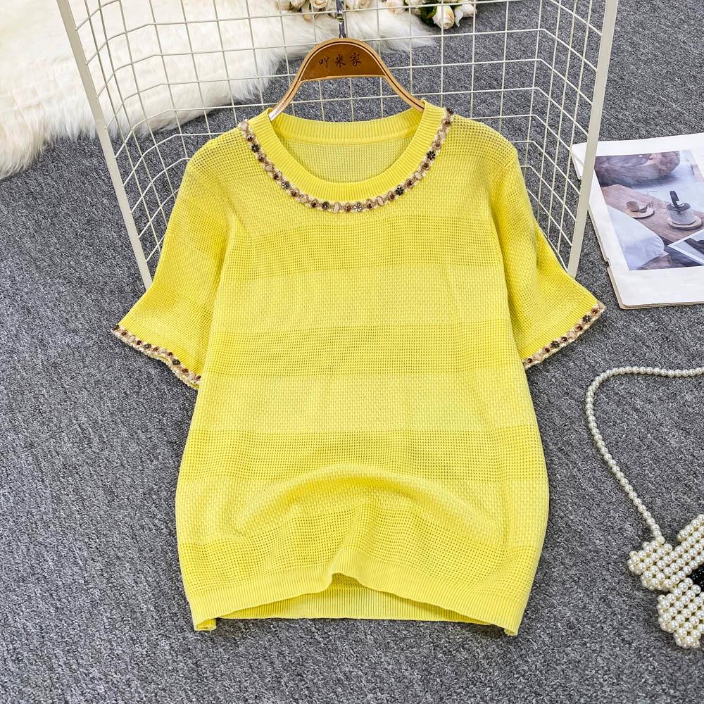 Summer Women O-neck Short Sleeve Sequined Knitted Sweater Pullover Tops