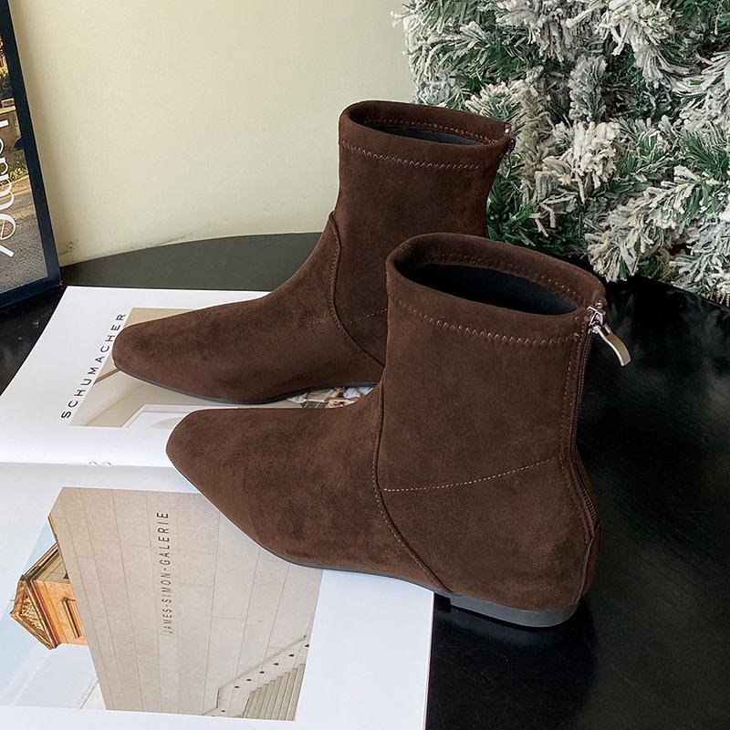 2025 Autumn and Winter New Square Head Short Boots Women's Shoes Versatile Flat Bottom Thin Boots Suede Flat Heel Martin Boots Single Boots