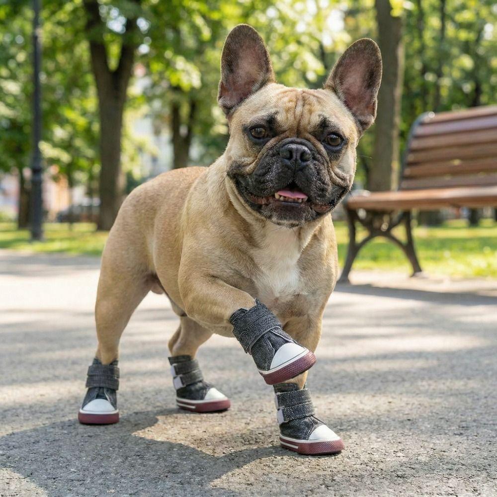 4pcs/set Adjustable Non-Slip Pet Shoes Wear-Resistant Breathable Dog Canvas Sneakers Rubber Soles Puppy Booties Casual Wear