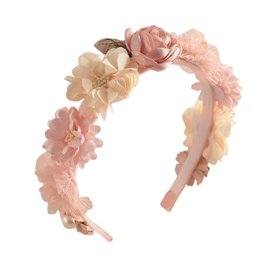 Soft Yarn Headband with Gauze Flowers Faux Pearls Decor Romantic