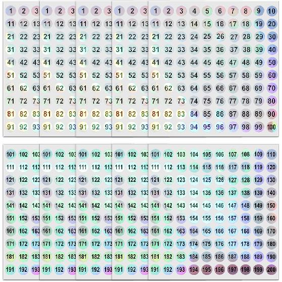 1-200 Consecutive Number Stickers 0.4 Inch Holographic Vinyl Number Stickers Labels Laser Mini Self-Adhesive Number Labels Small Round Removable