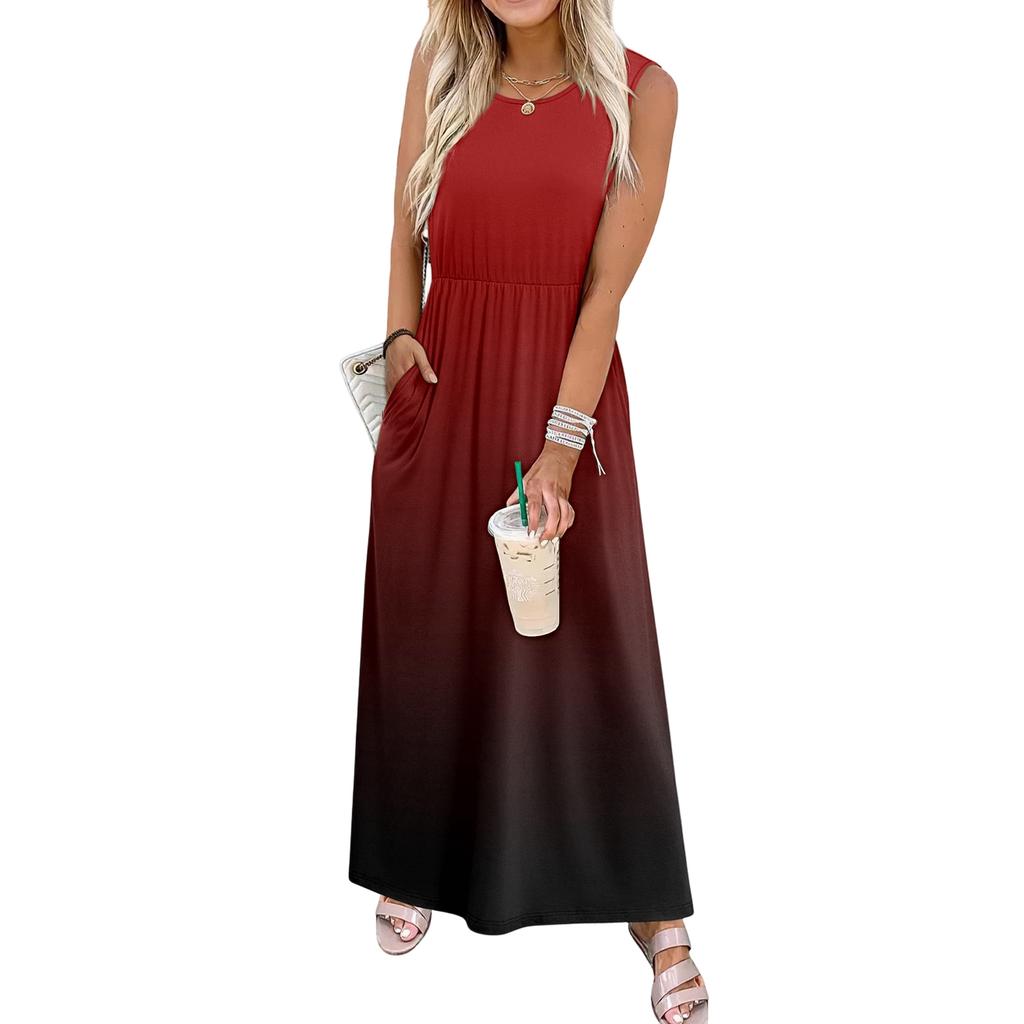 Ladies' Gradient Printed Casual and Fashionable Waist Cinched Sleeveless Dress