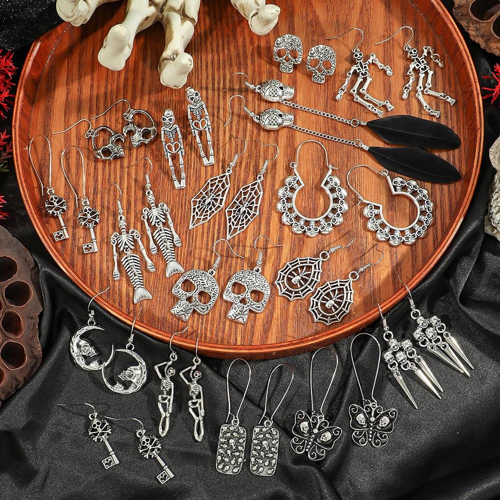 17 Pairs Antique Silver Earrings Drop Dangle Stud Earrings Halloween Thanksgiving Skull Spooky Jointed Skeleton Party Gifts