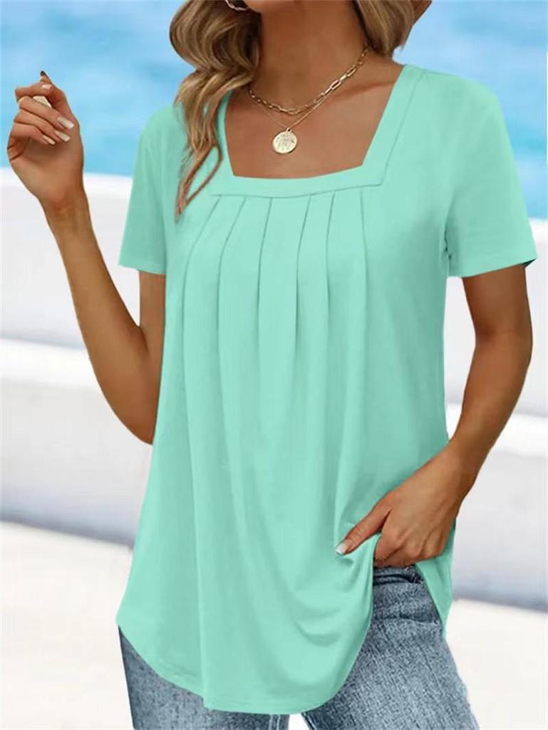 Summer Women's Pleated Square Neck Solid Color Loose Short Sleeve T-Shirt Top