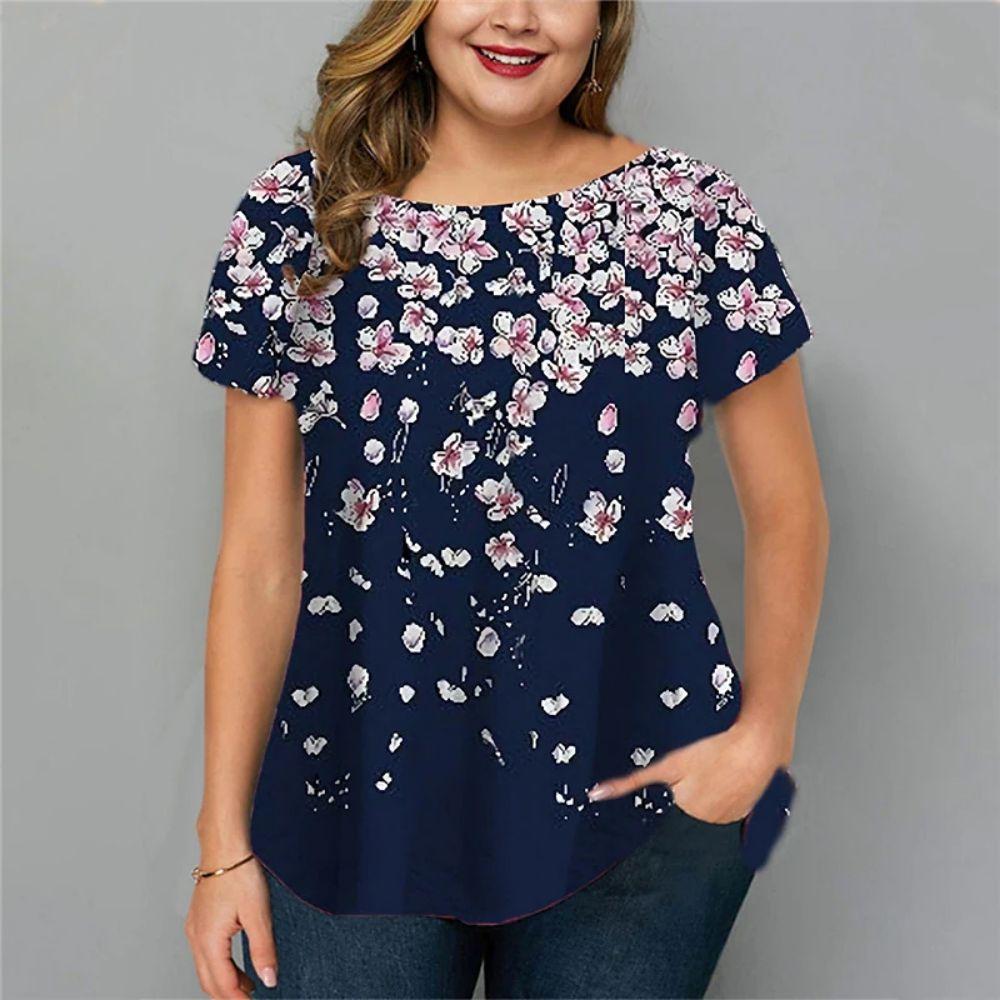 Summer Round Neck Floral Graphic 3D Print Top Fashionable Casual Short Sleeved Plus Size Women's T-shirts