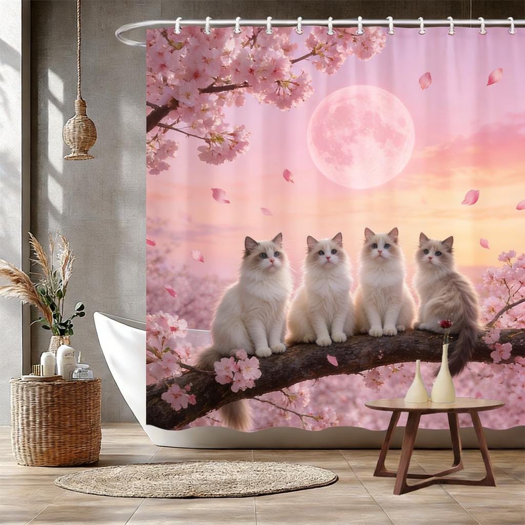 Four White Cats on Magnolia Branch Waterproof Shower Curtain for Bathroom Decor