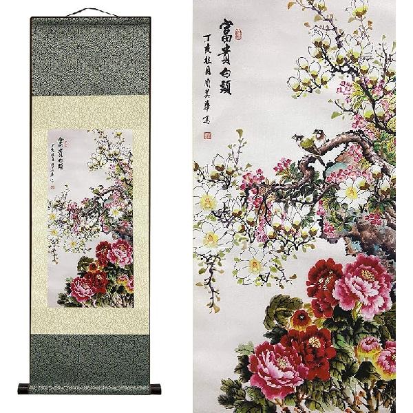 AtfArt Asian Wall Decor - Beautiful Silk Scroll Painting of Waterfall River Landscape - Mountain Spring Autumn Color Oriental Decor Chinese Art Wall