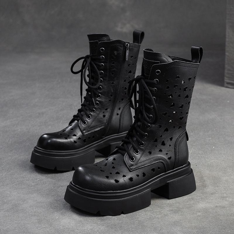 Fashion GKTINOO 2025 New Hollow-out Breathable Summer Mid-calf Boots Fashion Women's Shoes Genuine Leather Thick Soled Sandals