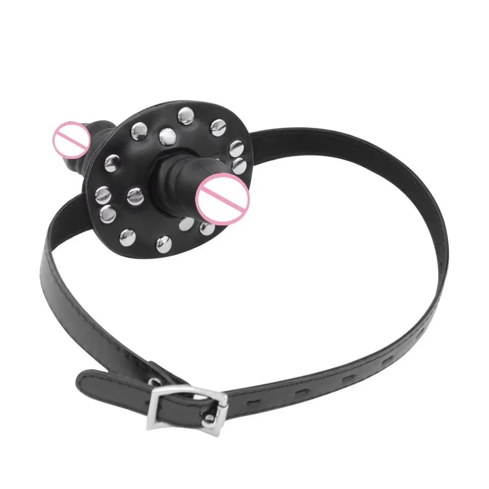 Pene Realista Dildo de Doble Extremo Mordaza Bondage Tapón Bucal Strapon para Cabeza Boca Abierta Restricción Esclavo Juguete Sexual Adulto 18+