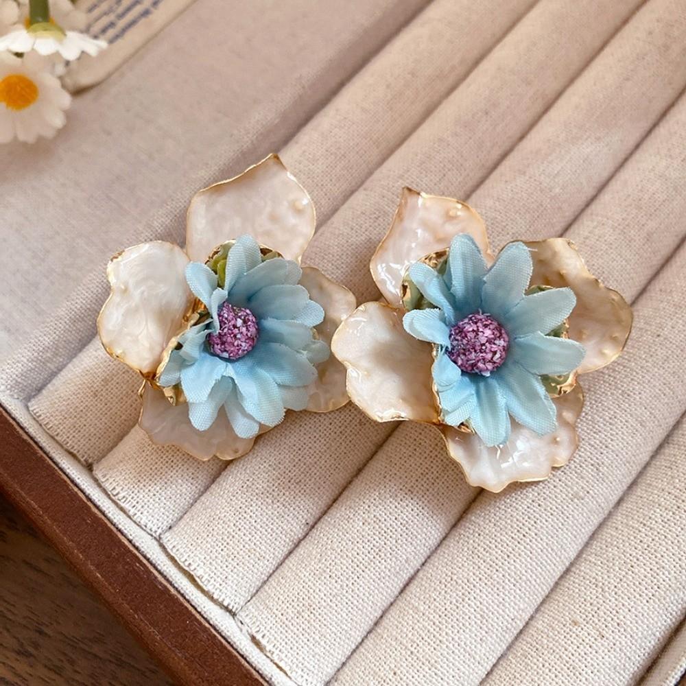 Oil Drip Colorful Flower Earrings Korean Style Floral Ear Studs Exaggerated Ear Pendant Daily
