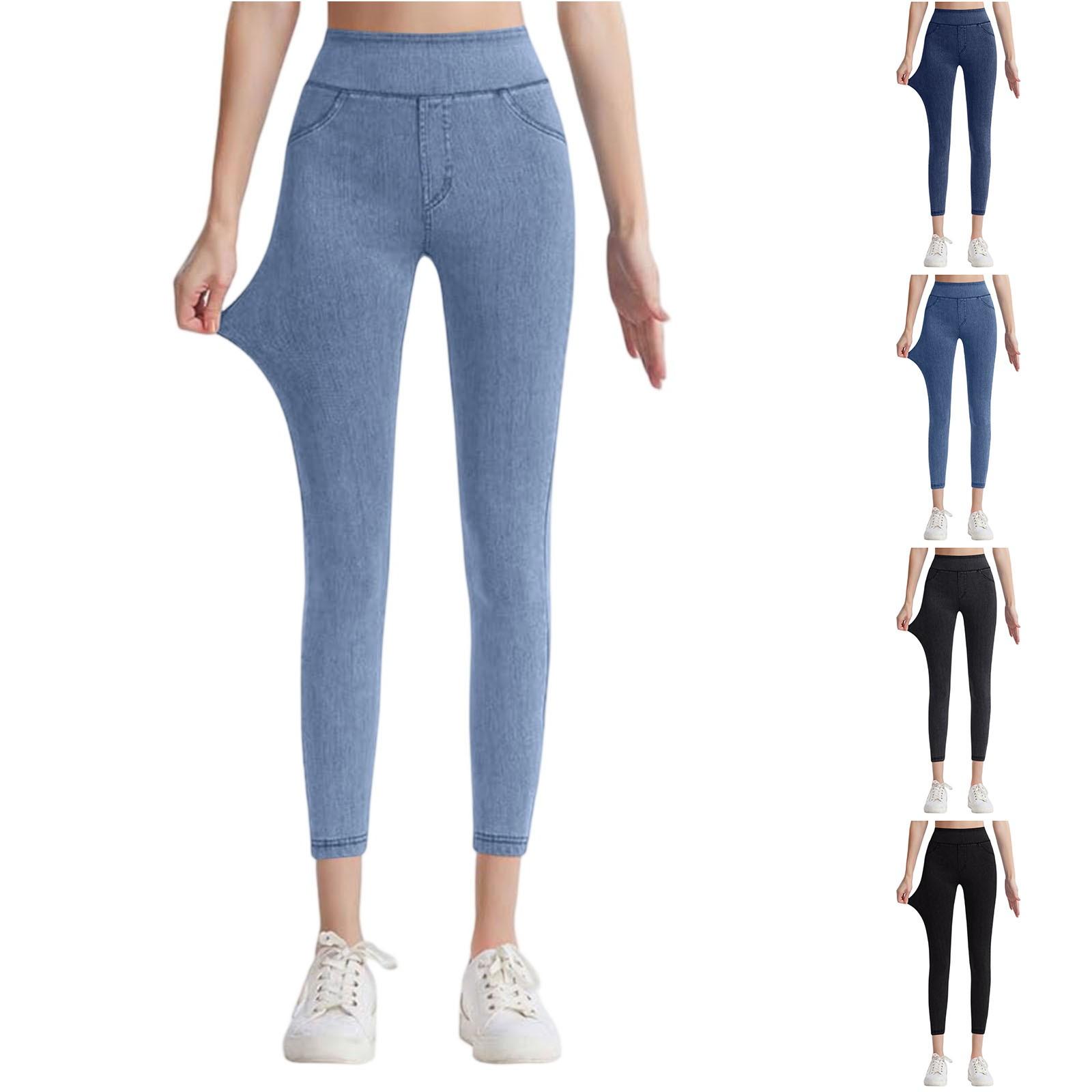 

Women s Elastic Waist Faux Skinny Denim Yoga Style Denim Double Pocket Leggings L