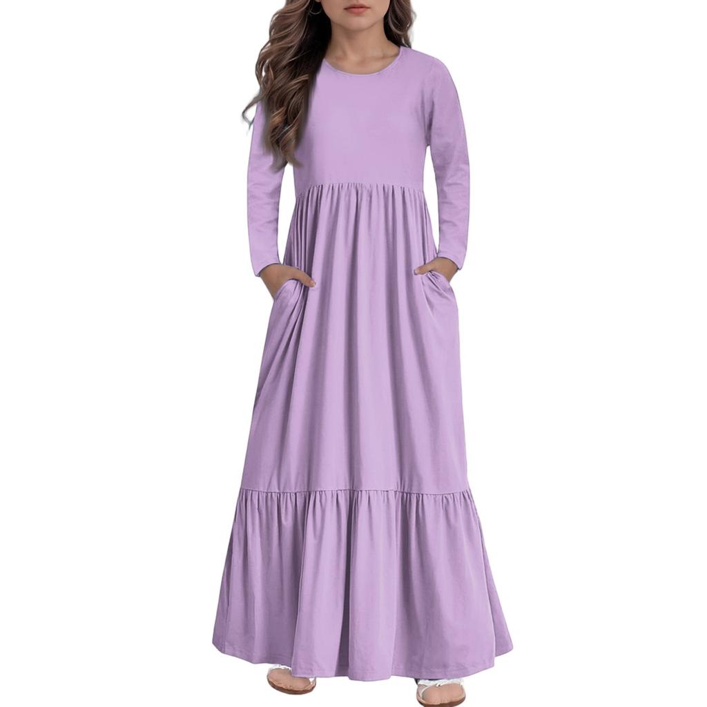 Girls' Maxi Dress Casual Holiday Dresses - Long Sleeve Dress With Pockets For 4-14Y