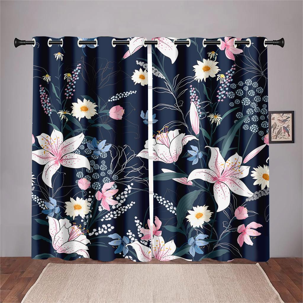 Blue Pink Floral Curtains Plant Flowers Leaves Black Background Curtains 2 Panel Living Room Bedroom Kitchen Dining Room Decor