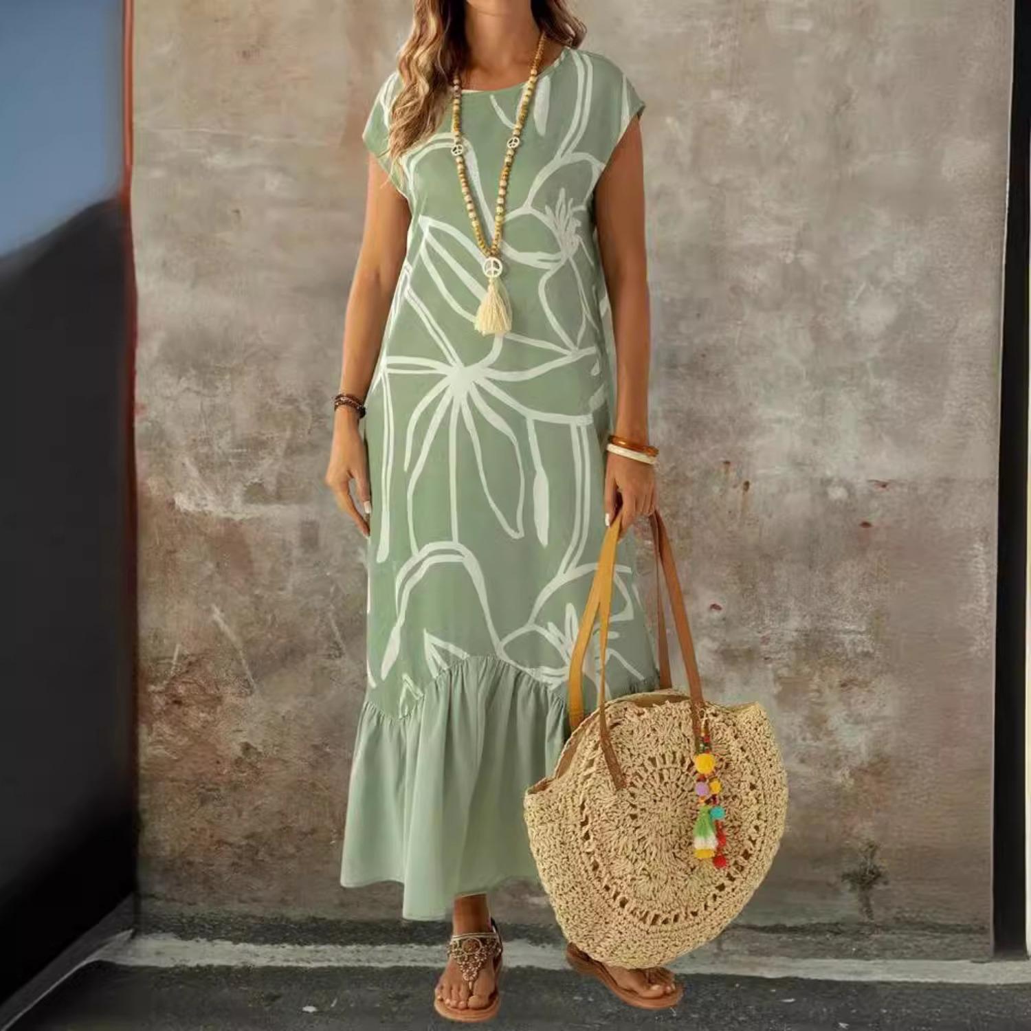 

2025 Новый тренд утягивающего платья с талией, свободное удобное платье, женская мода, элегантное платье, весна-лето, принт XXL зелёный