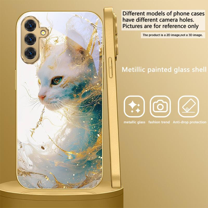 Fantastic white kitten For Samsung A50 A51 A52 A53 A54 55 56 14 15 13 16 26 31 32 33 34 35 70 71 72 73 Golden glass phone case