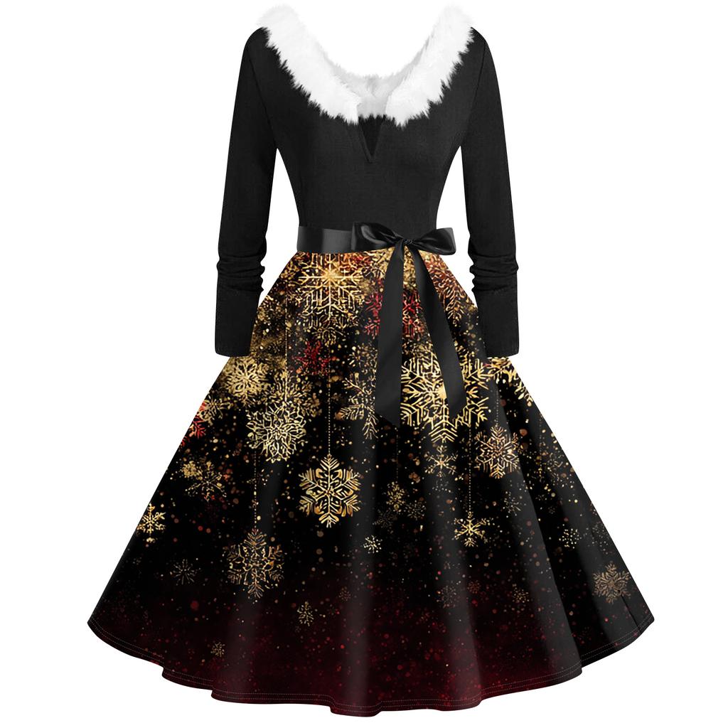Women's Fashion V-Neck Casual Slim Christmas Printed Long Sleeve Hair Collar Dresses