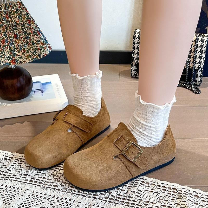 Fashion Single Shoes Women's Fashion Round Toe Suede Metal Buckle Soft Sole Non-slip Wear-resistant Flats