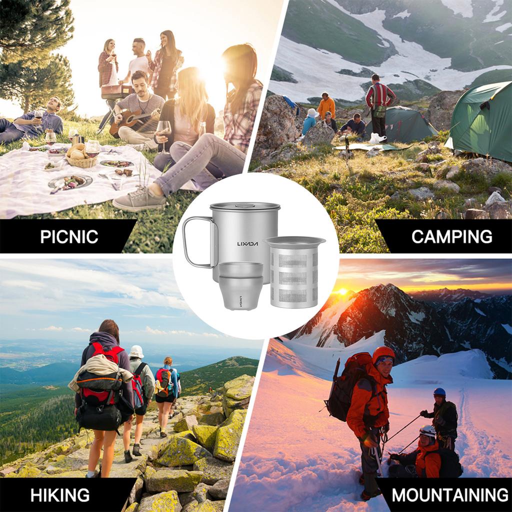 Outdoor Camping Ti 375ml Mug with Lid and Tea Filter Tea Cup for Camping Hiking Travel