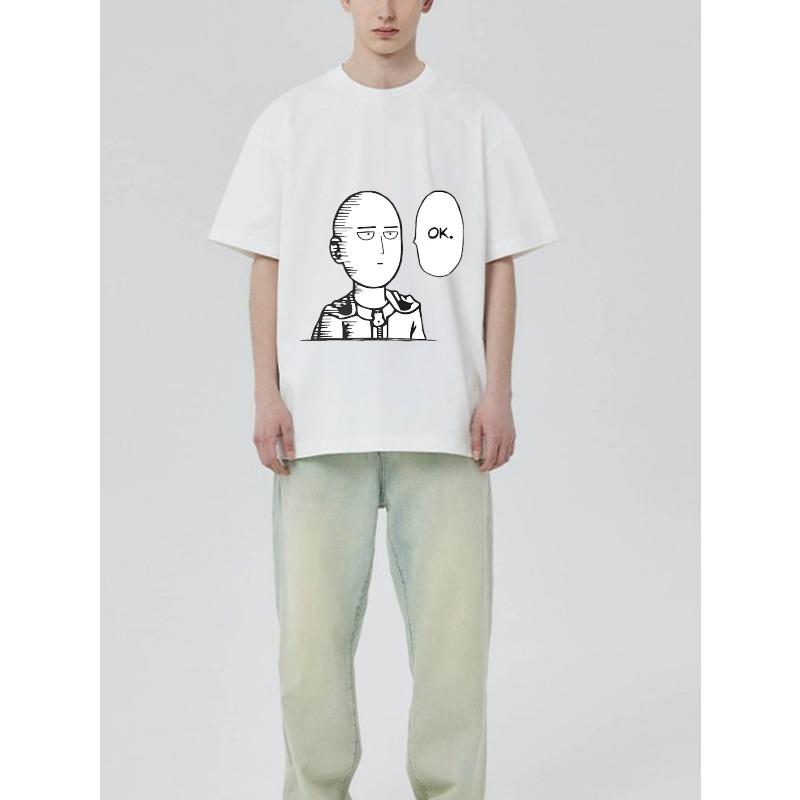 Black T-Shirt with One Punch Man Character and Ok Text Graphic Print for Casual Wear