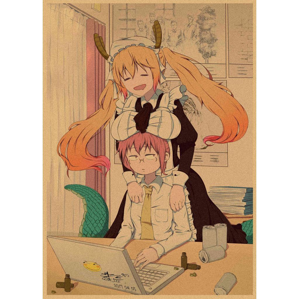 Kobayashi-san Chi No Maid Dragon Retro Kraft Paper Anime Poster - Decorative Wall Art Mural