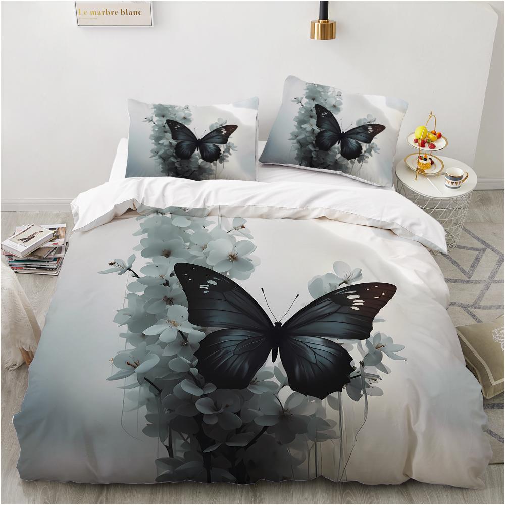 Padrão colorido retrô de borboleta com impressão 3D (conjunto de três peças) conjunto de cama de casal queen size fronha edredom