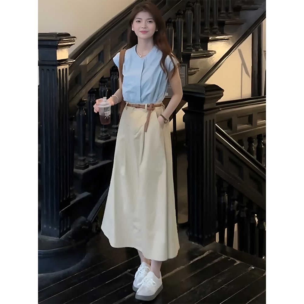 

Маленькая французская миди-юбка с завышенной талией и однобортный топ L - 55kg and above