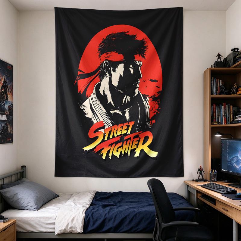 Vertical Tapestry Street Fighter Ryu Profile Silhouette Against Red Sun Vintage Game Art for Adult Gamer Fan Decor