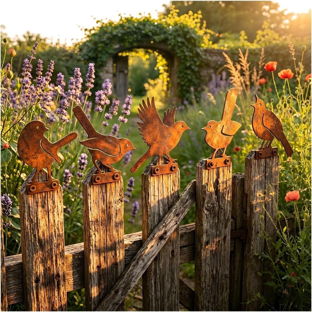 5-piece set of realistic rusted metal bird silhouette garden art, rusted bird decoration, garden decoration, spring outdoor decoration