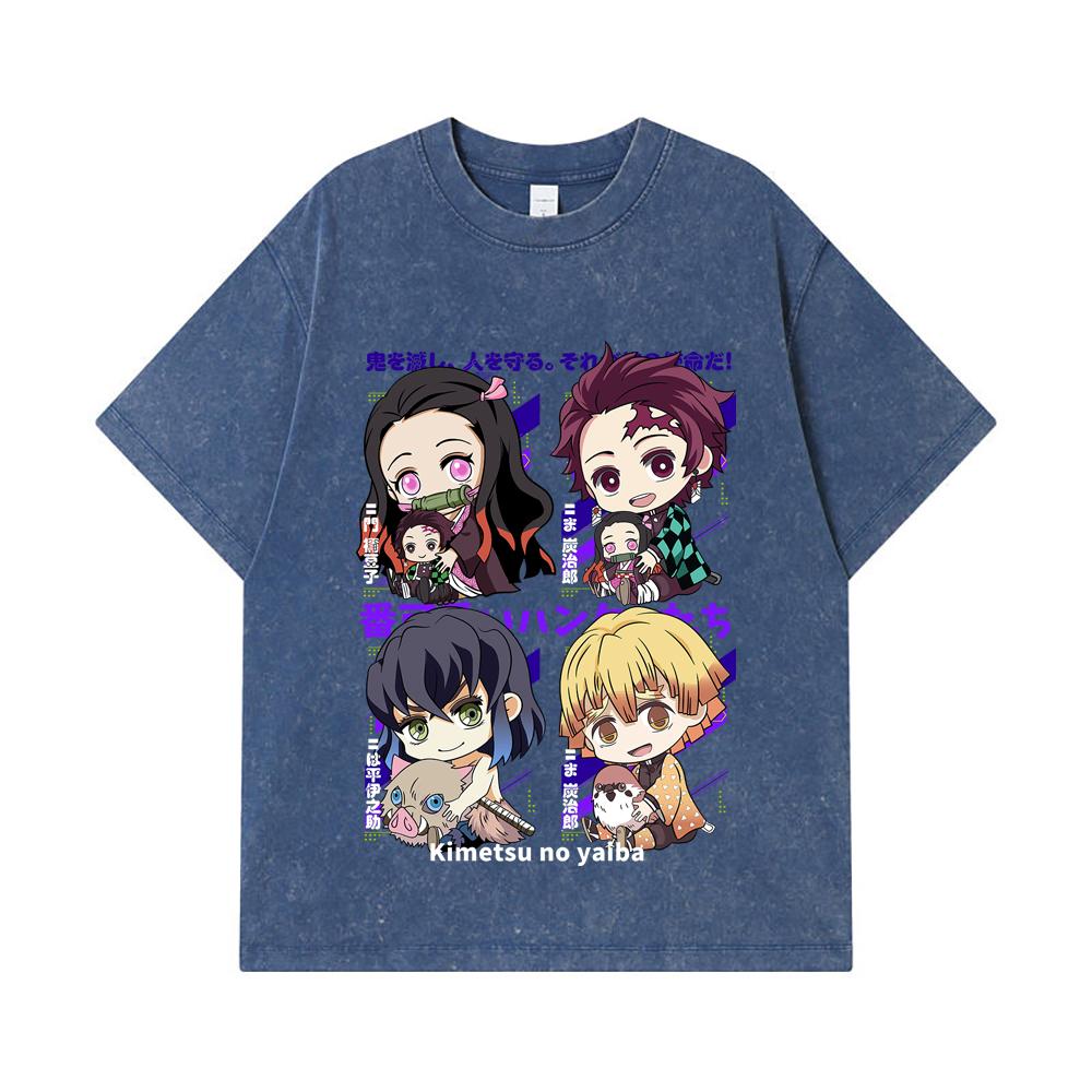 275 GSM Washed T-shirts 100% Cotton Demon Slayer V80 Hashiras Chibi Print Unisex Heavy Cotton T Shirt