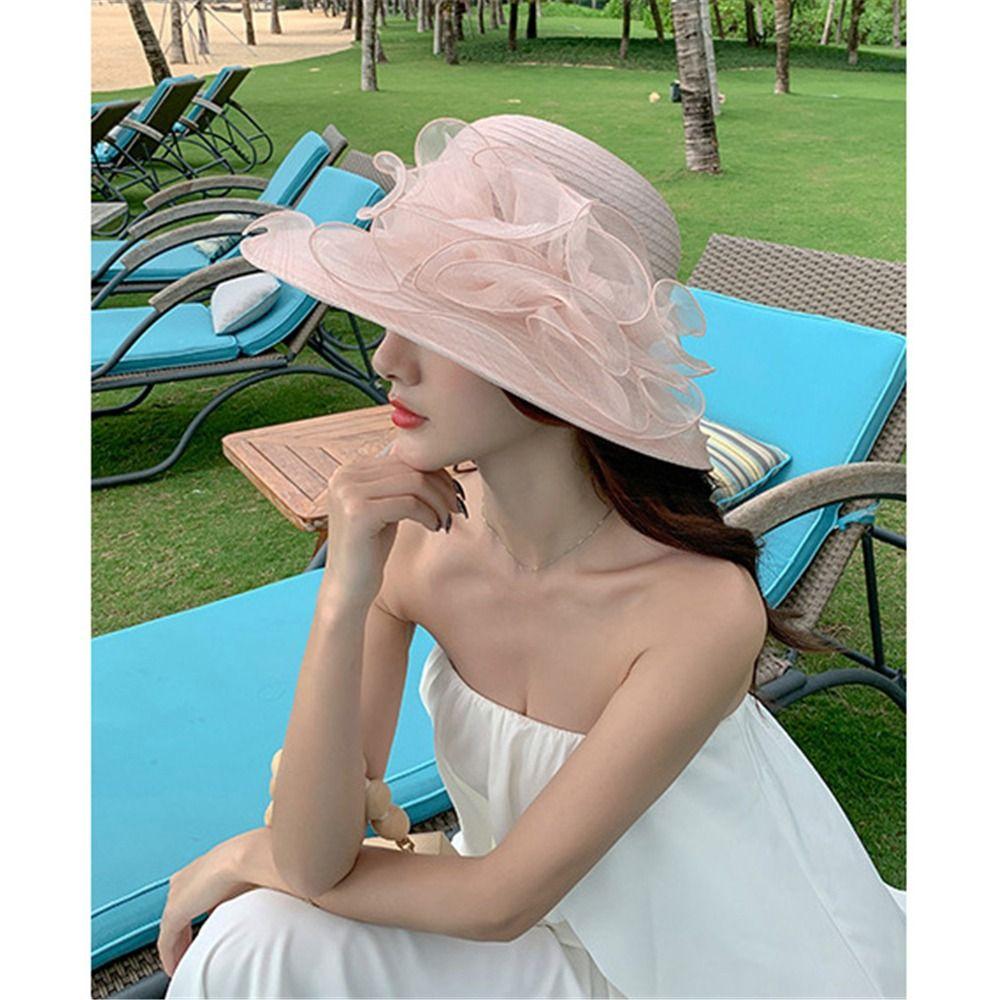 Organza Flower Kentucky-Derby Church Dress Hat Wide Brim Mesh Fisherman Hat  for Women