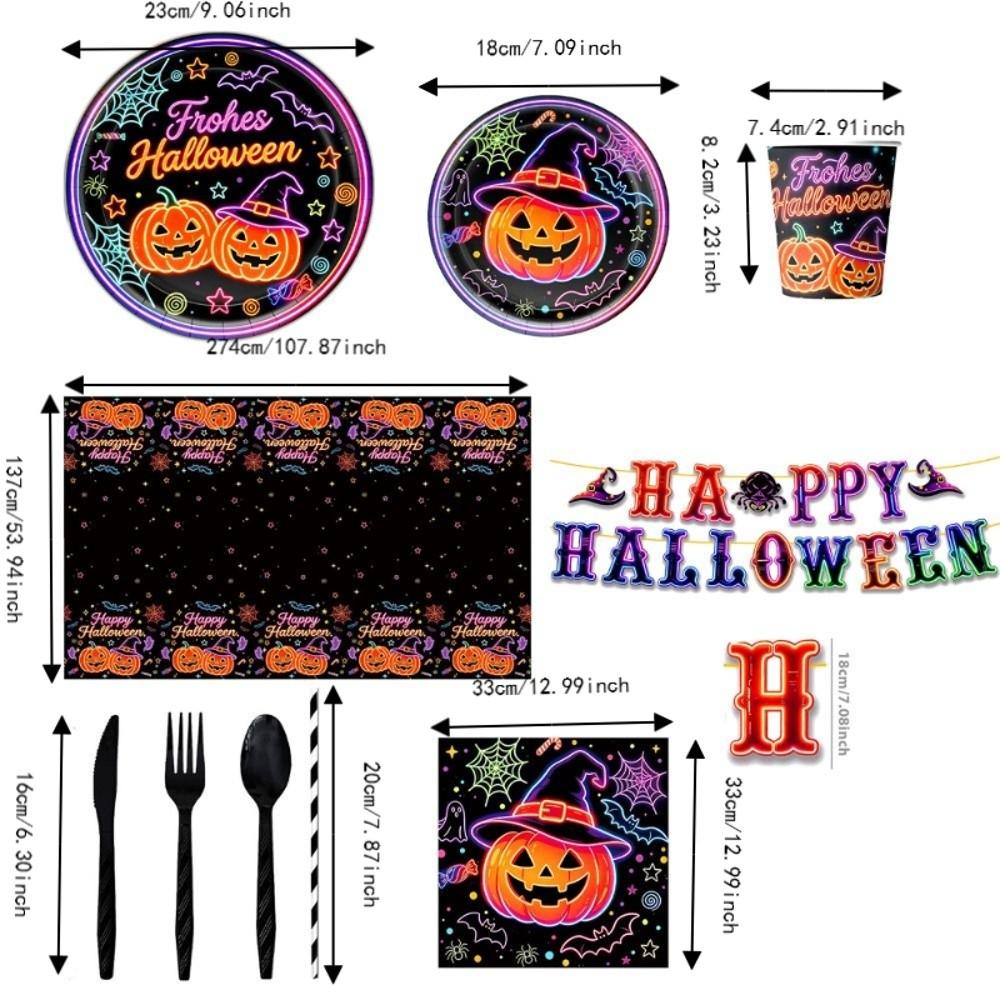 Thickened Neon Pumpkin Disposable Tableware Set Eco-friendly No Sagging Halloween Party Dinnerware Kit Waterproof