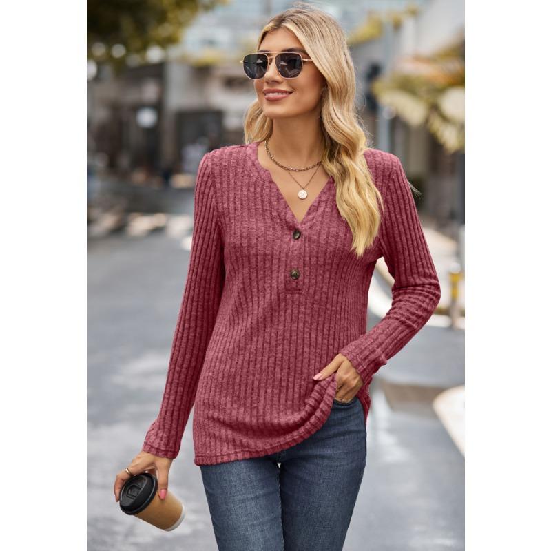 Autumn Women's Knitwear Solid Colour Pit Stripe Brushed Half Placket Button Up Long Sleeve Top